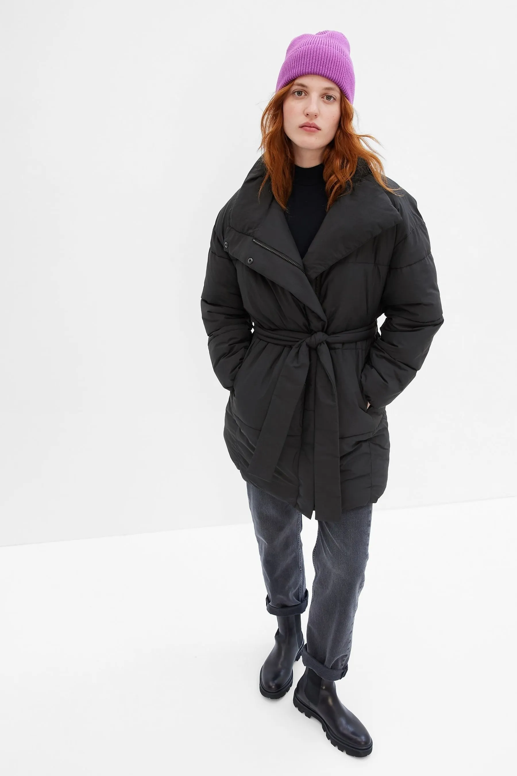 Black Duvet Wrap Puffer Coat