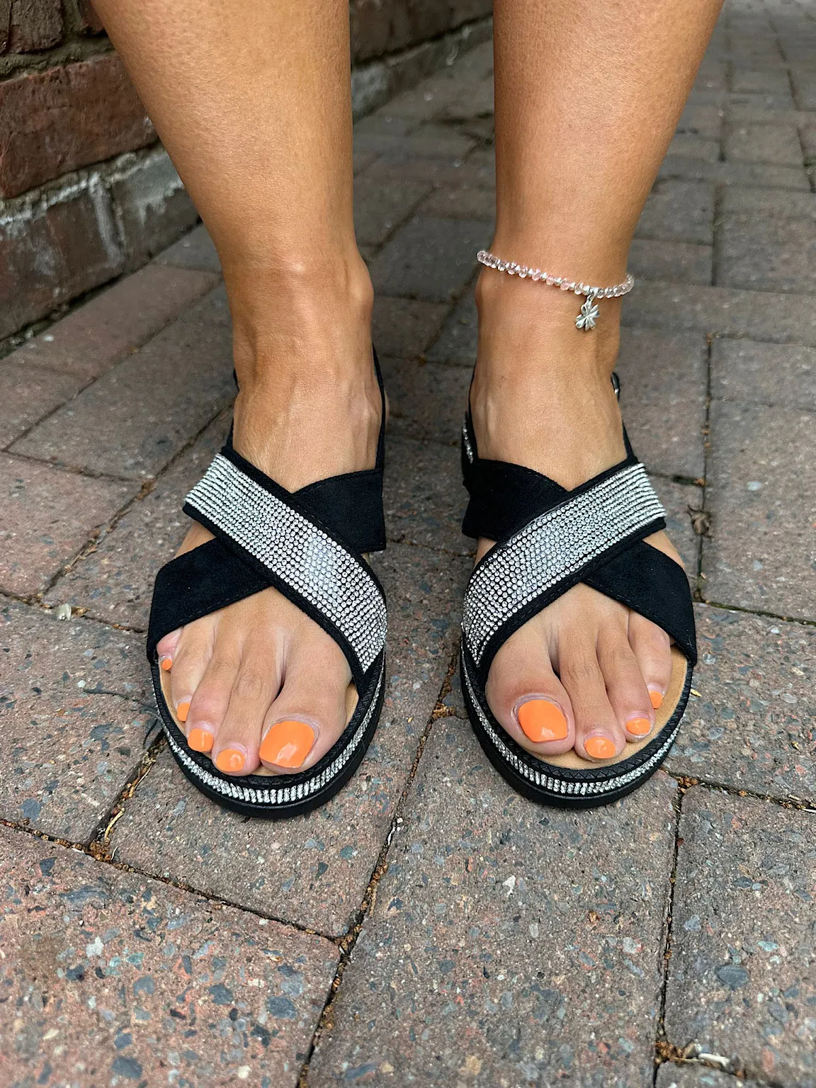 Black Faux Suede Diamante Cross Over Sandals