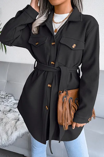 Casual Street Solid Buckle With Belt Turndown Collar Outerwear