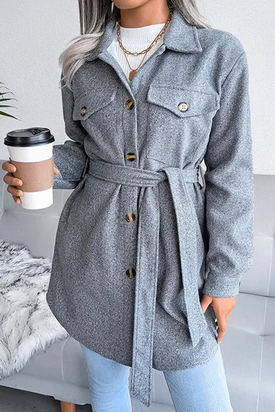 Casual Street Solid Buckle With Belt Turndown Collar Outerwear