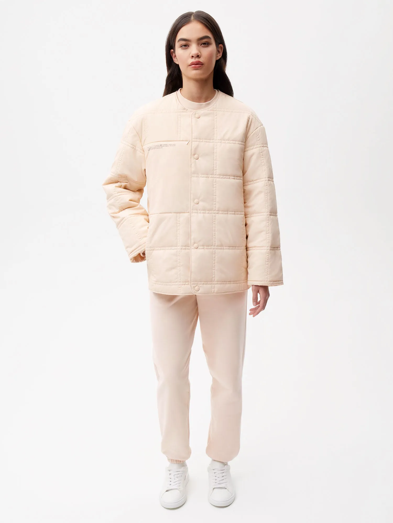 Flower-Warmth Quilted Collarless Jacket—sand