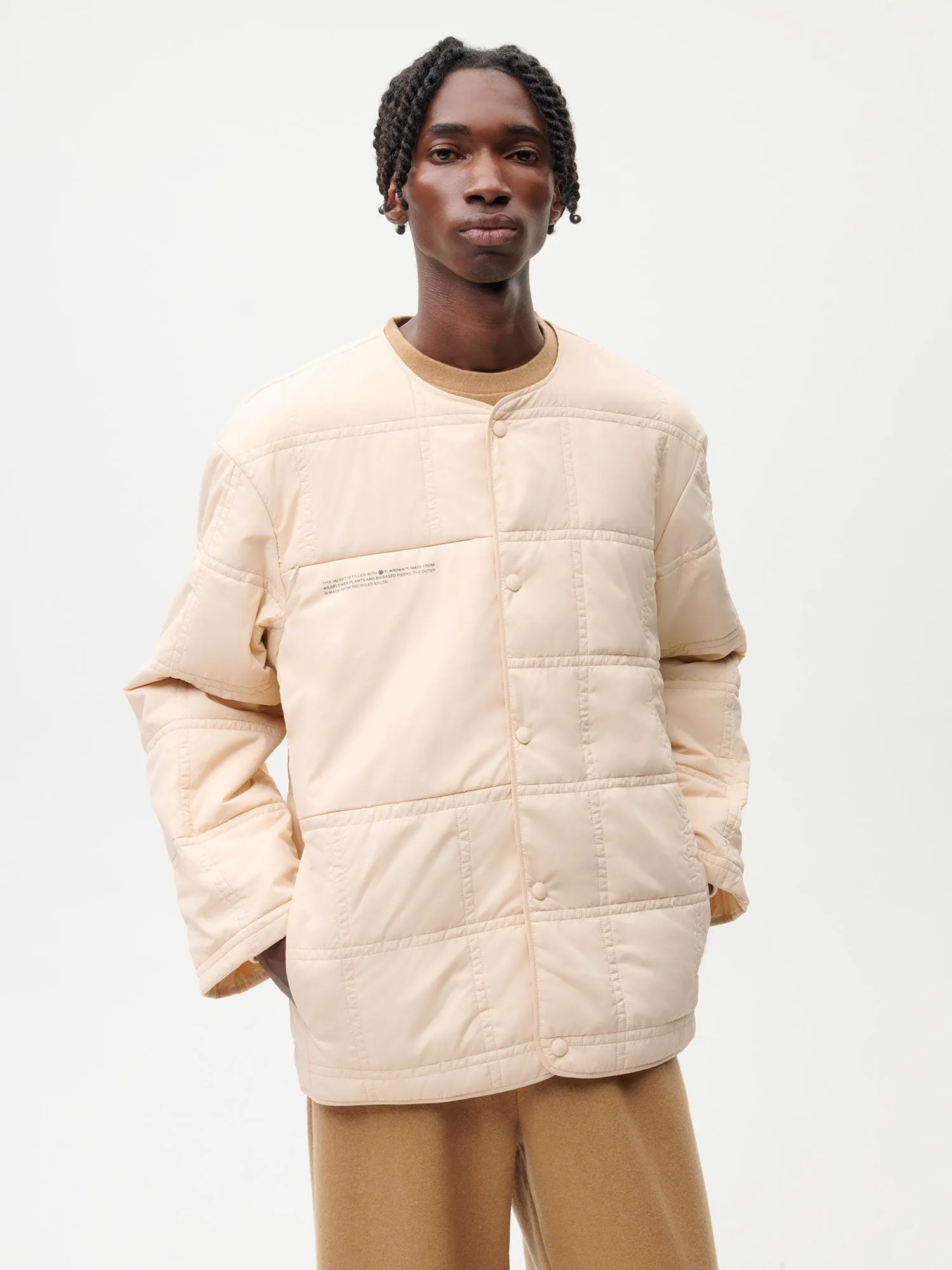 Flower-Warmth Quilted Collarless Jacket—sand