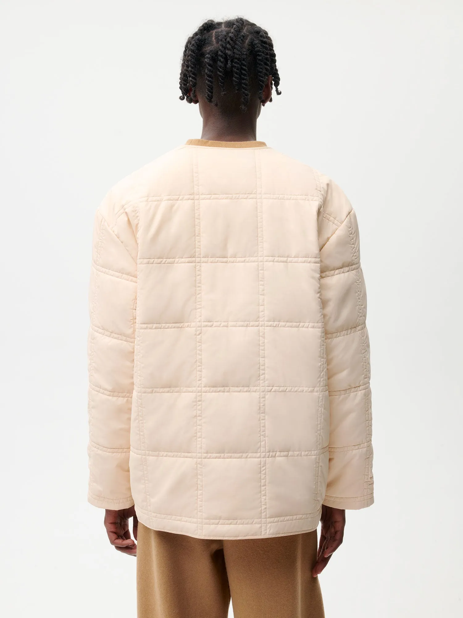 Flower-Warmth Quilted Collarless Jacket—sand