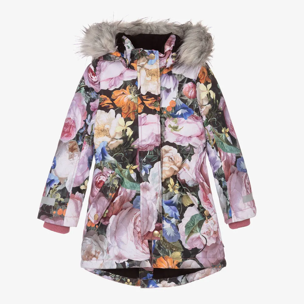 Girls Floral Longline Ski Coat