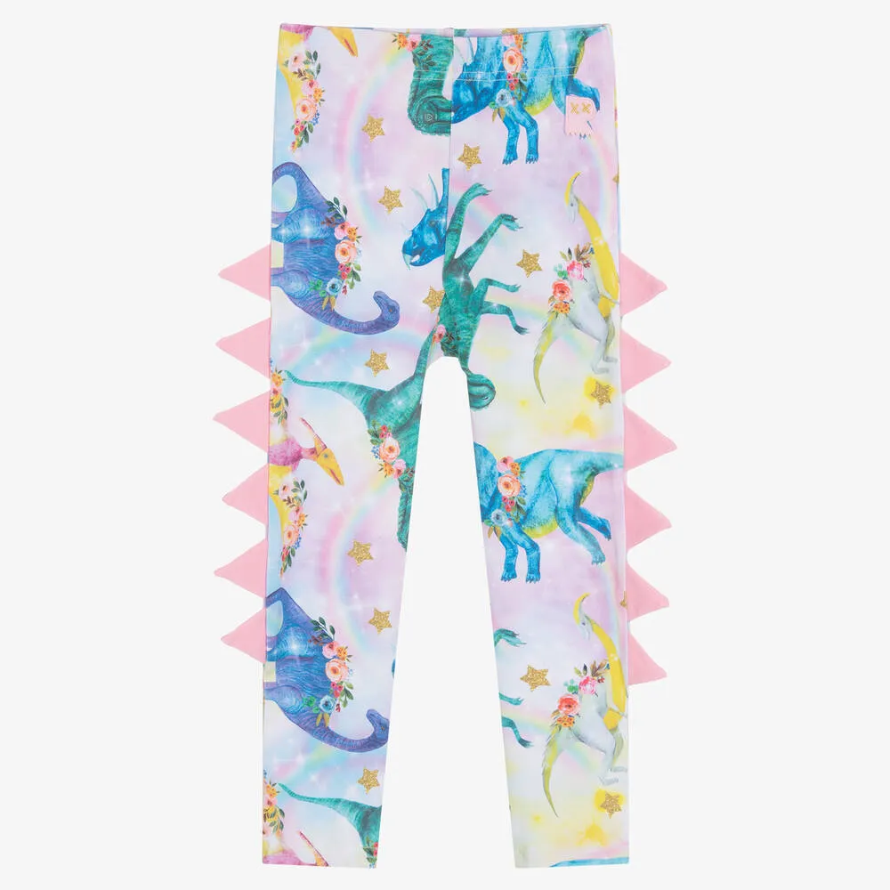 Girls Pink Cotton Dinosaur Parade Leggings