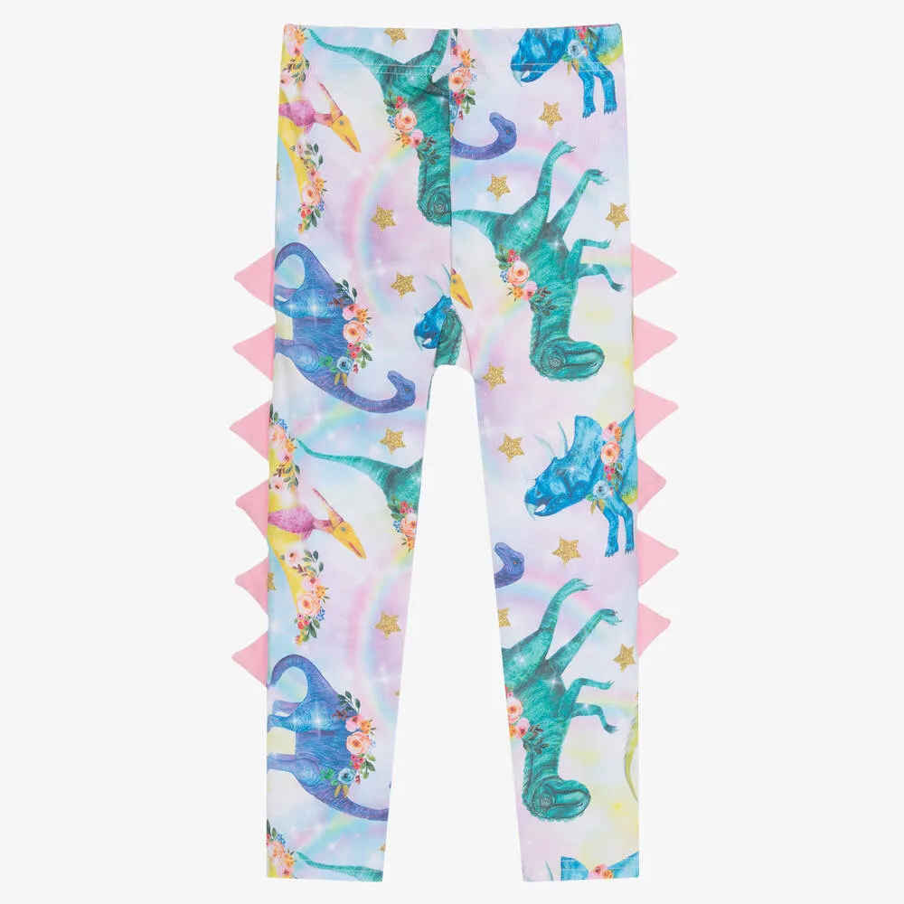 Girls Pink Cotton Dinosaur Parade Leggings