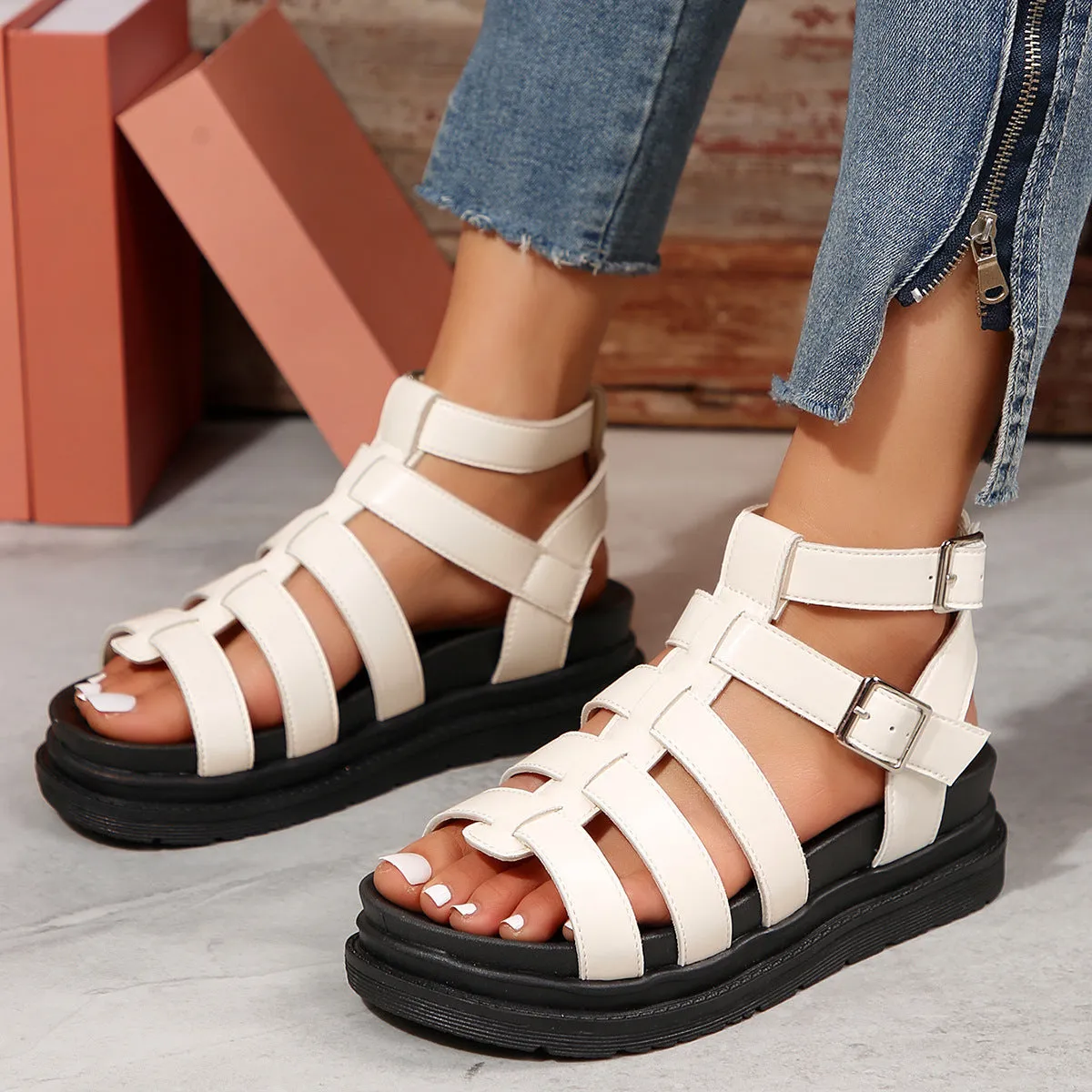 Hollow-out Belt Buckle Platform Sandals