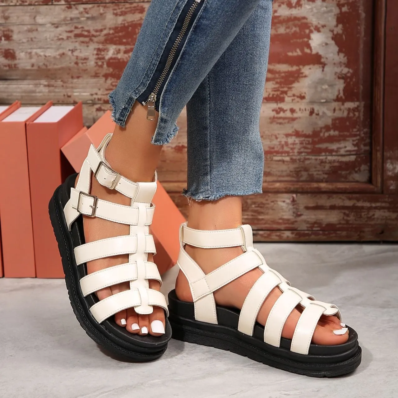 Hollow-out Belt Buckle Platform Sandals