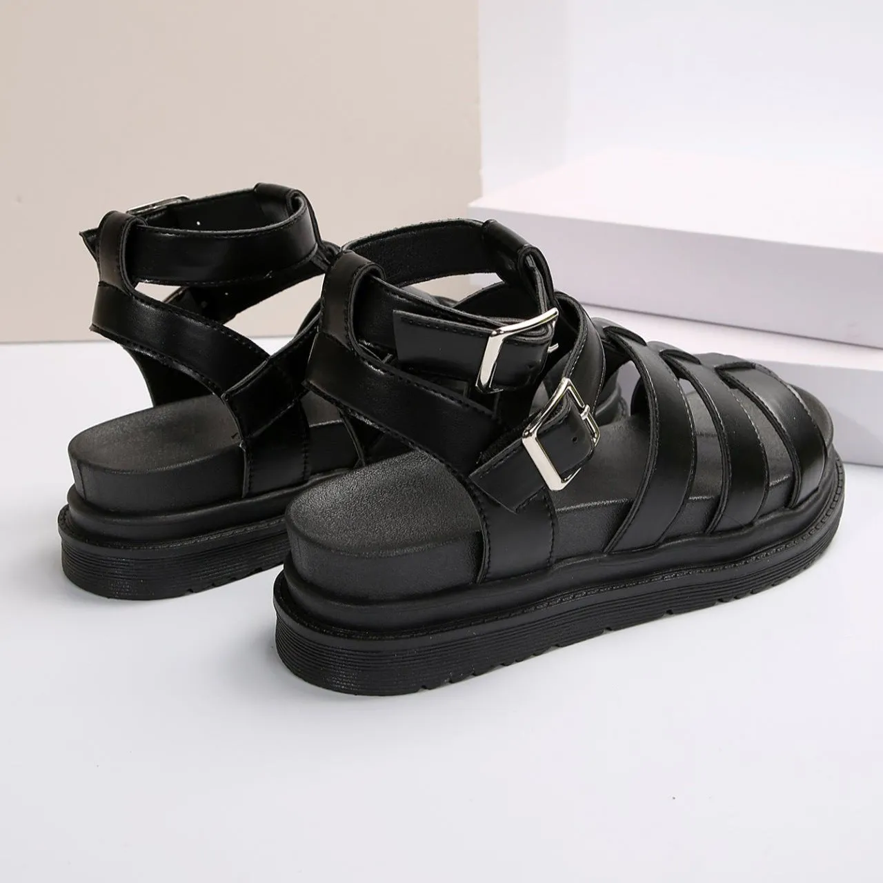 Hollow-out Belt Buckle Platform Sandals