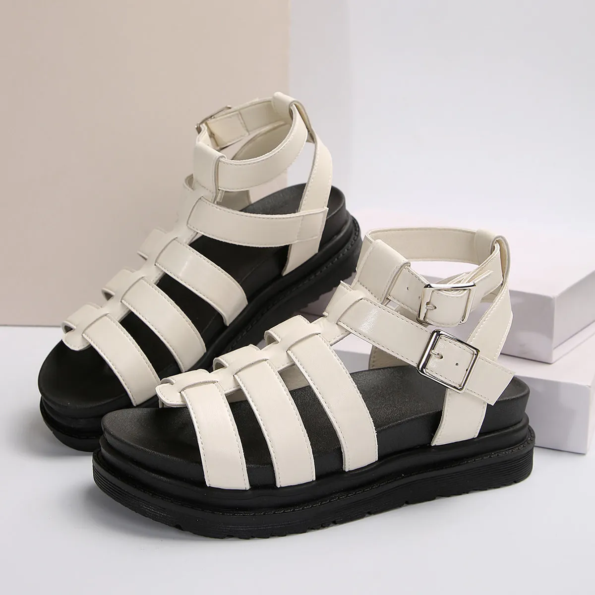 Hollow-out Belt Buckle Platform Sandals