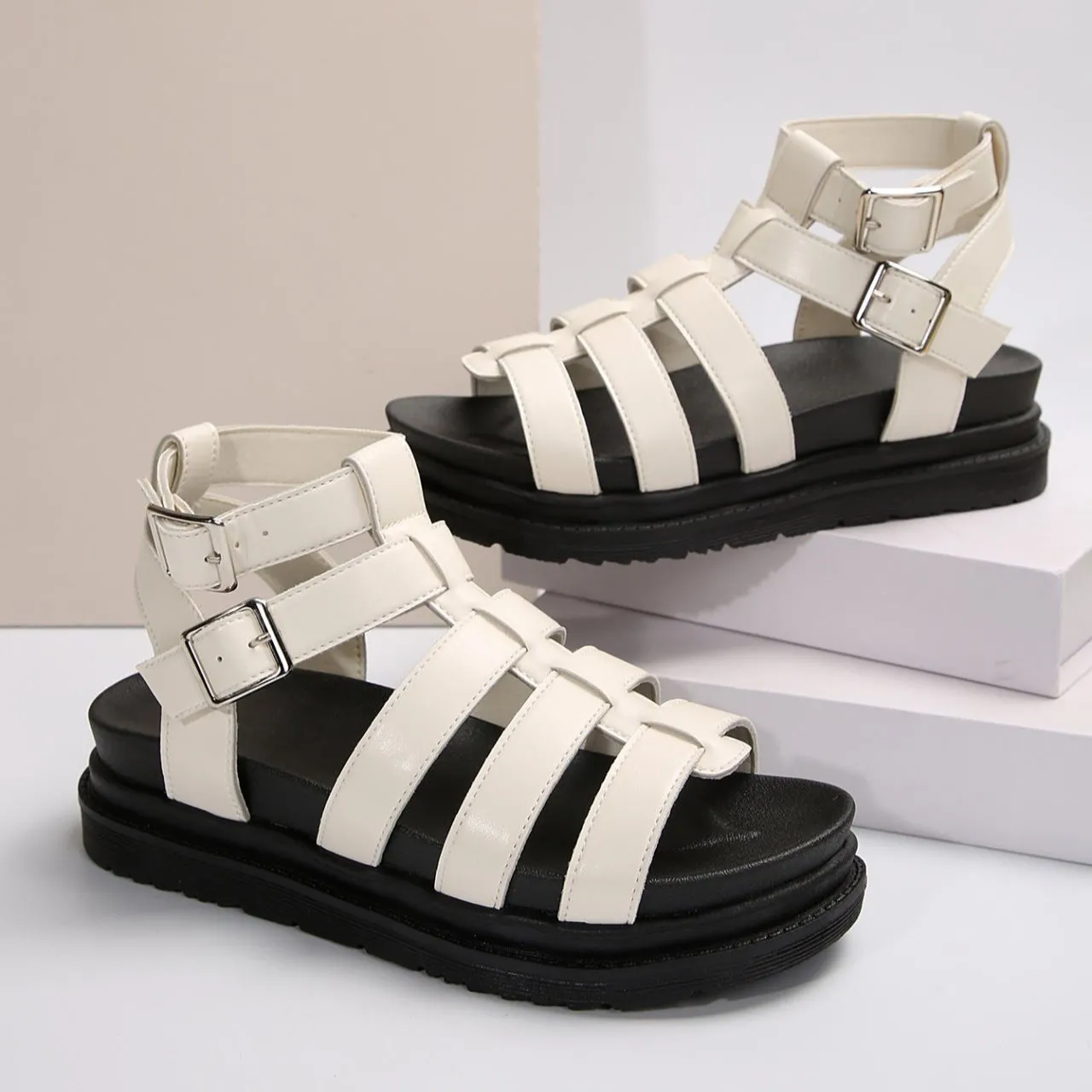 Hollow-out Belt Buckle Platform Sandals