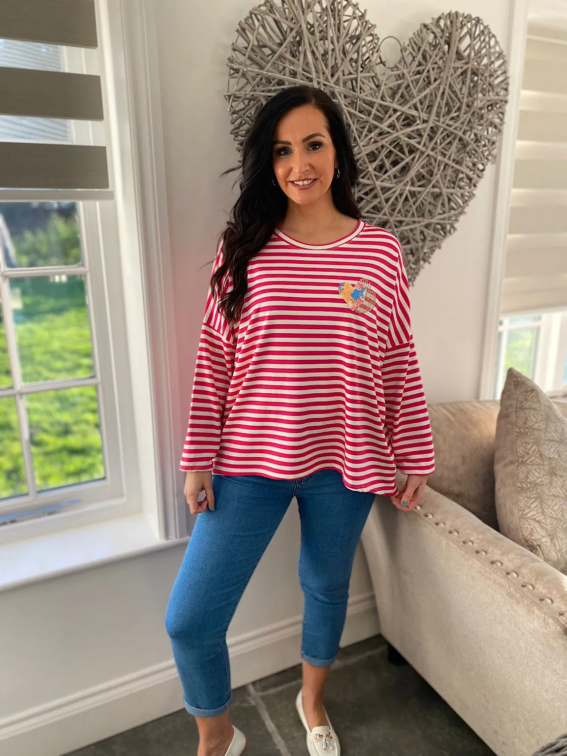 Lipstick Pink Textured Heart Striped Top Danni