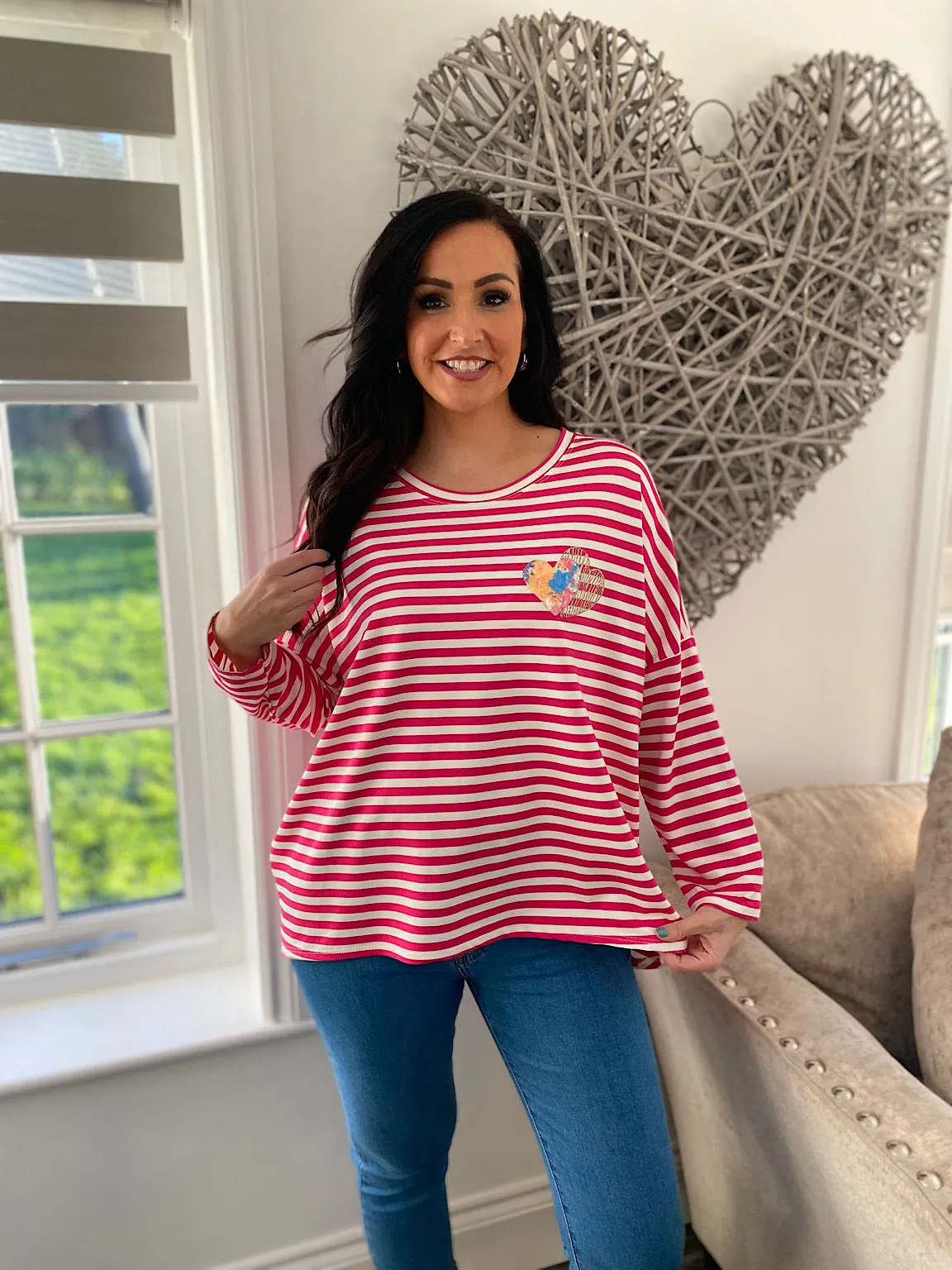 Lipstick Pink Textured Heart Striped Top Danni