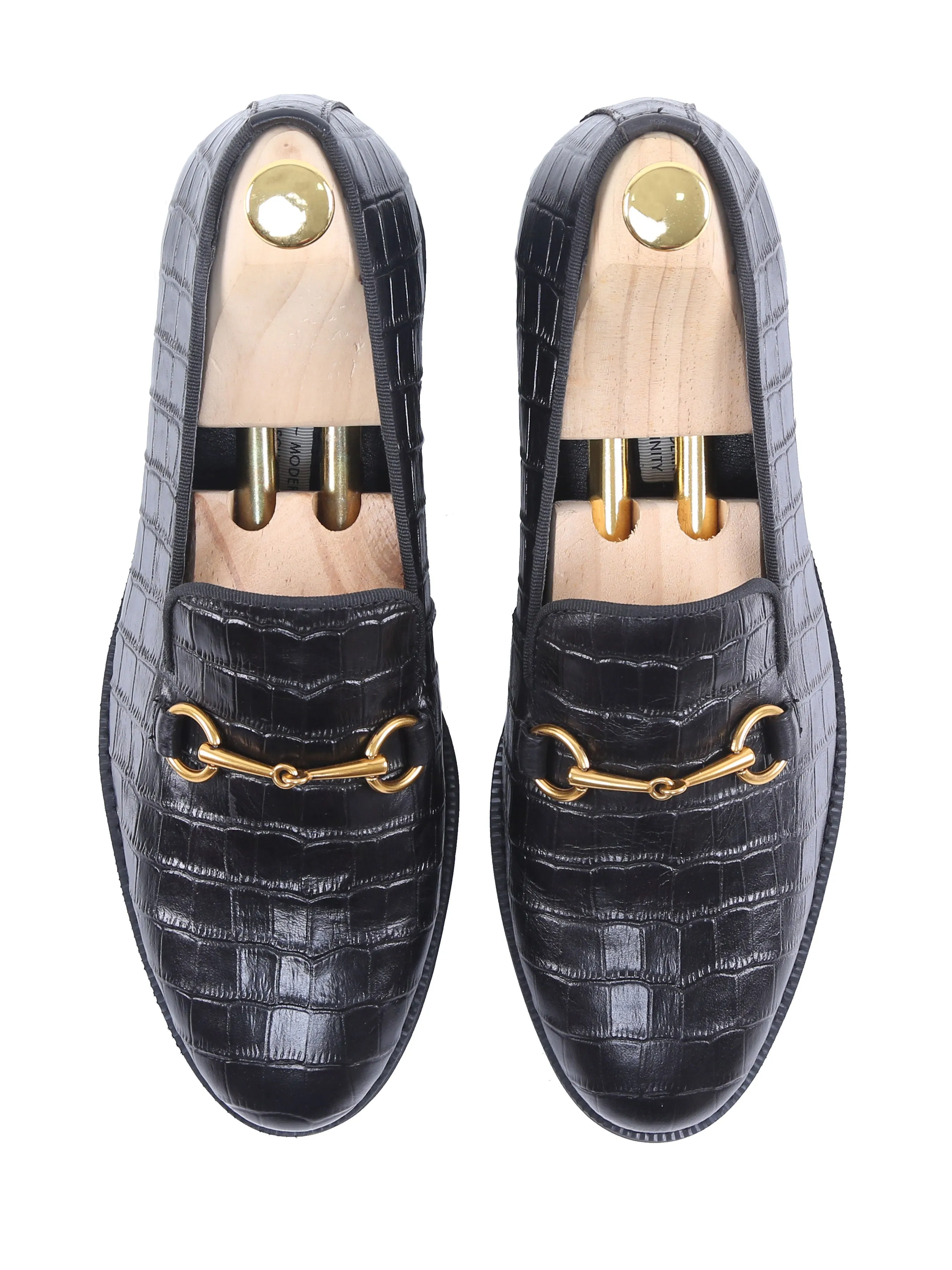 Loafer Slipper Horsebit Buckle - Black Croco Leather (Crepe Sole)