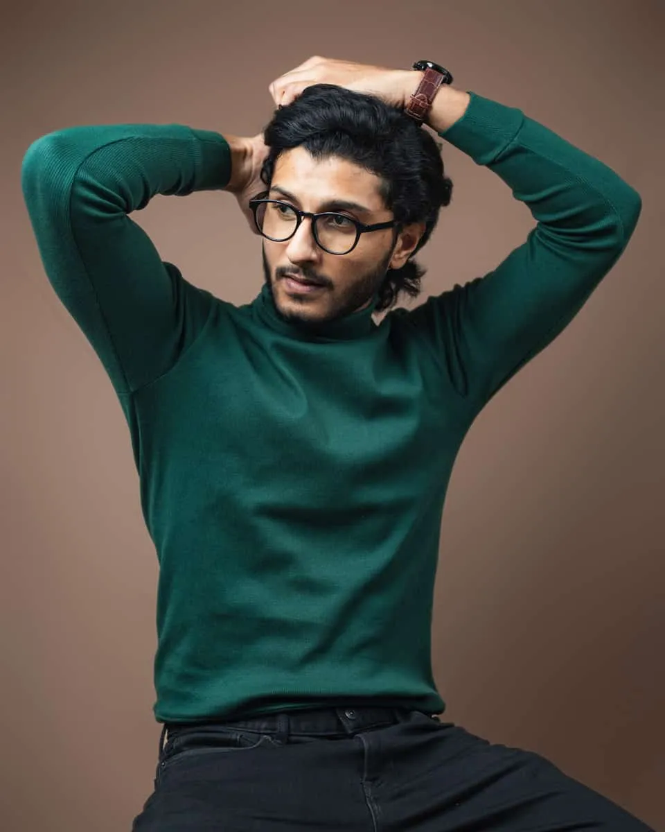 Men’s Long Sleeve Ribbed Green Turtleneck Pullover