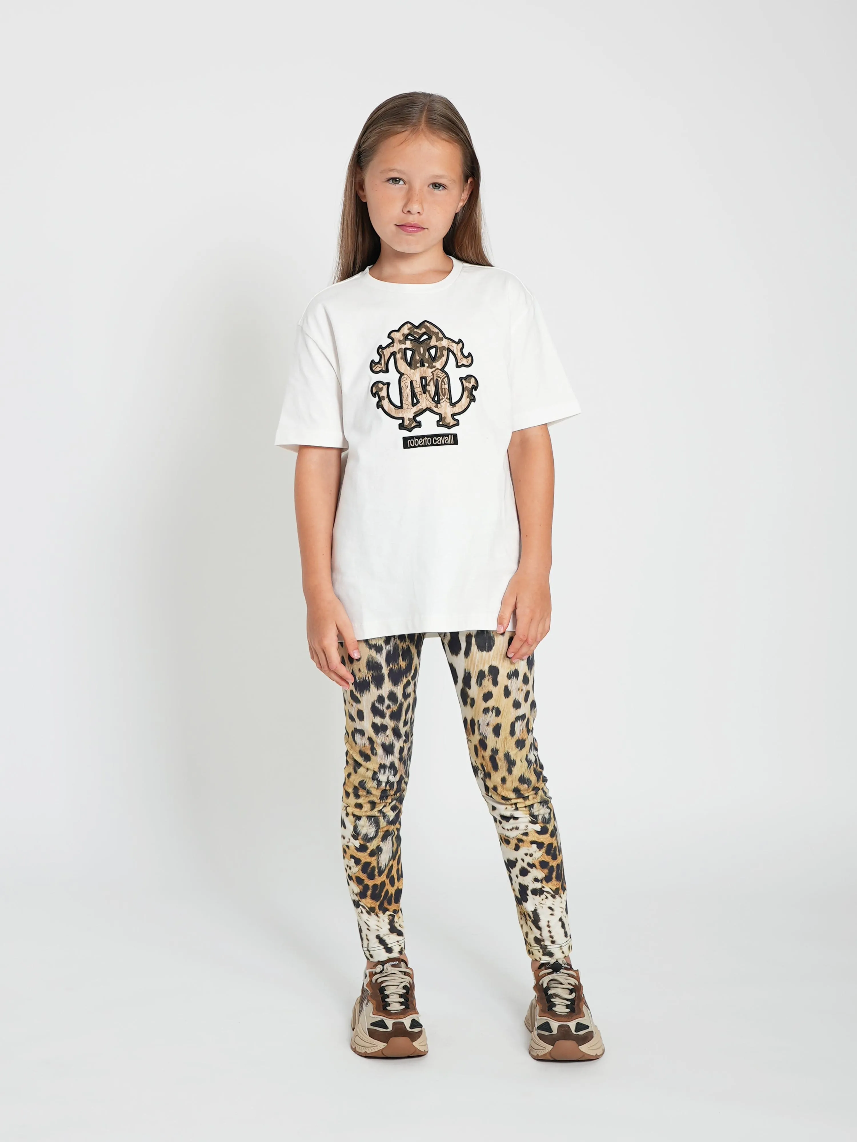 Roberto Cavalli Girls Leopard Print Leggings in Brown