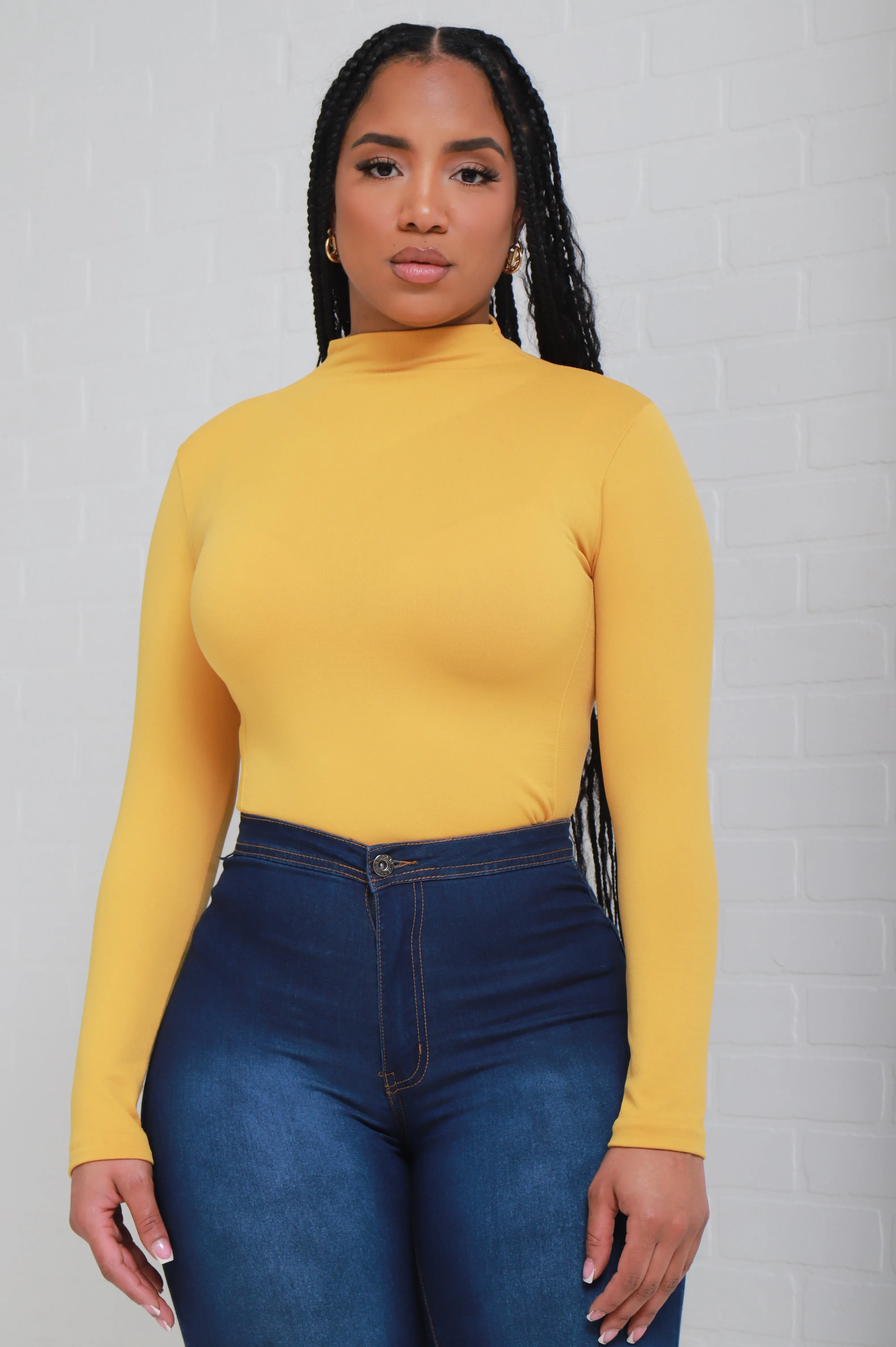 Sure Thing Long Sleeve Mock Neck Top - Mustard