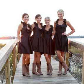 Taffeta Brown Halter Ruffles Neck Short Bridesmaid Dresses with Pockets/Cowboy Boots