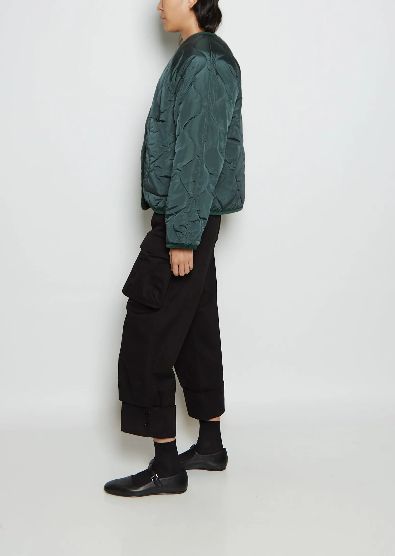 Taffeta Collarless Short Coat — Moss