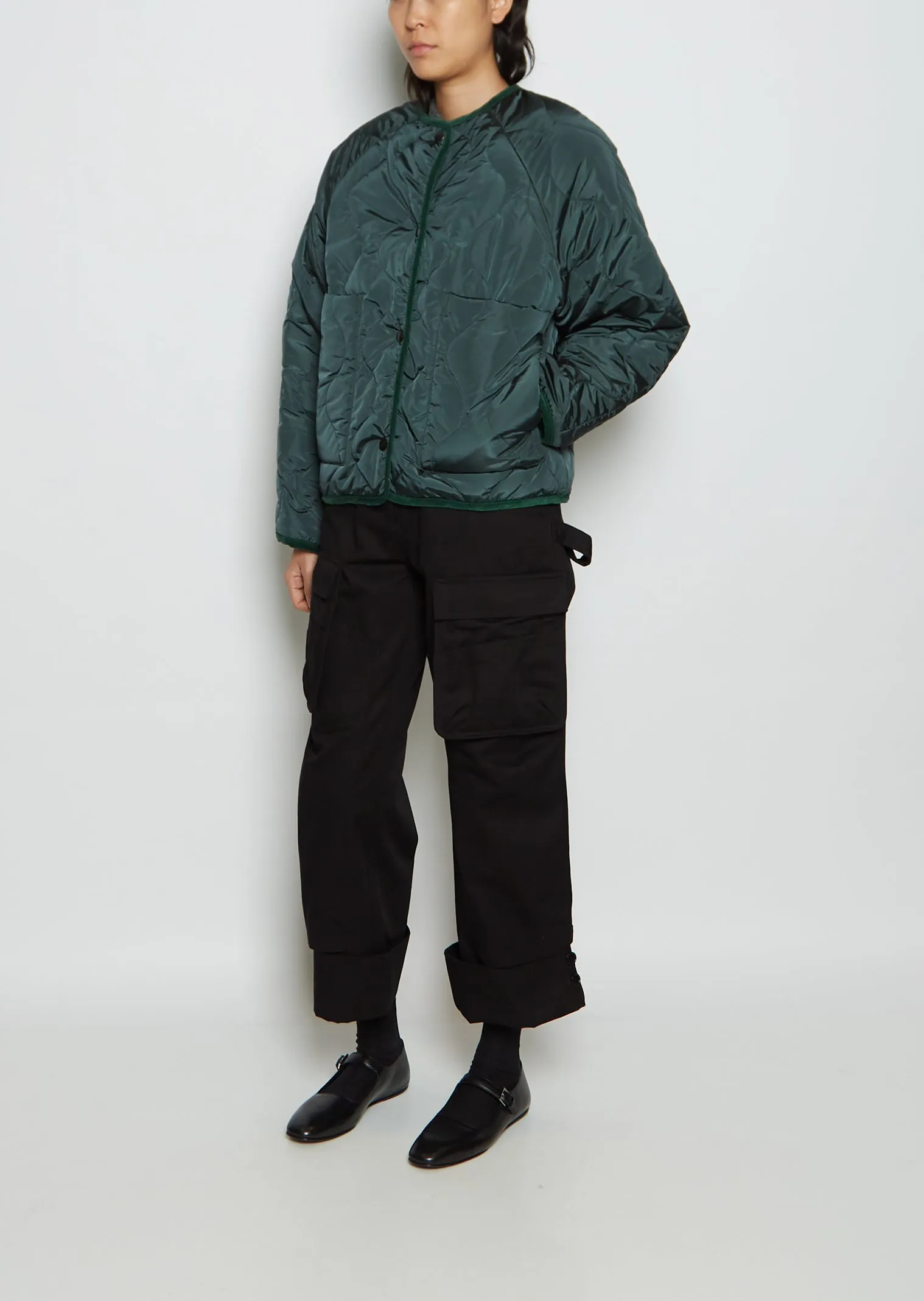 Taffeta Collarless Short Coat — Moss