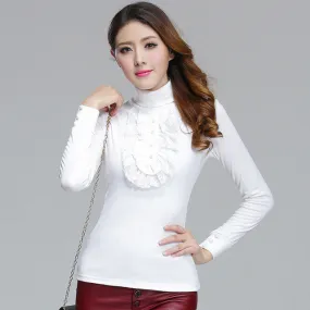 Women Blusas femininas Casual Woman Blouses Long Sleeve Tops Autumn Turtle-neck Lace Shirts With Ruffles 71926 SM6