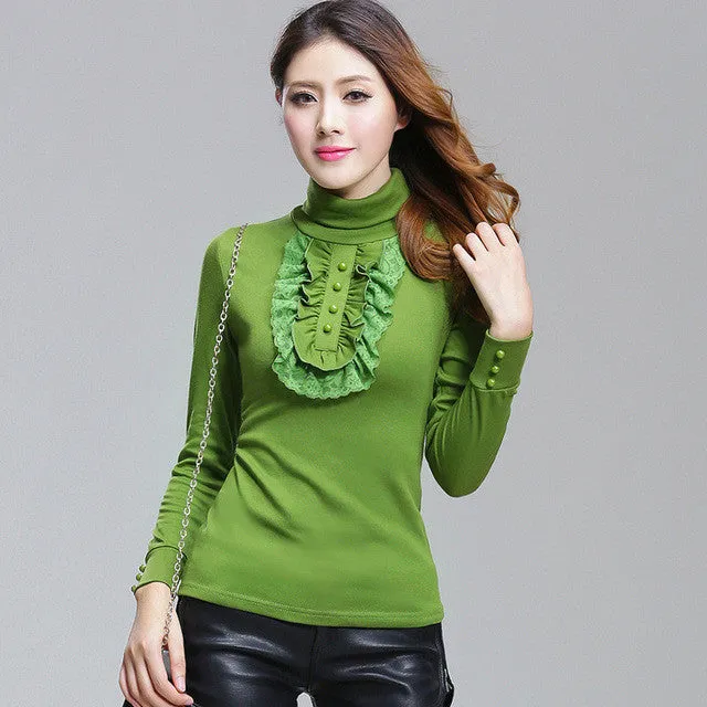 Women Blusas femininas Casual Woman Blouses Long Sleeve Tops Autumn Turtle-neck Lace Shirts With Ruffles 71926 SM6