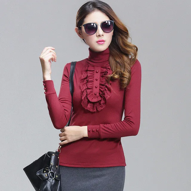 Women Blusas femininas Casual Woman Blouses Long Sleeve Tops Autumn Turtle-neck Lace Shirts With Ruffles 71926 SM6