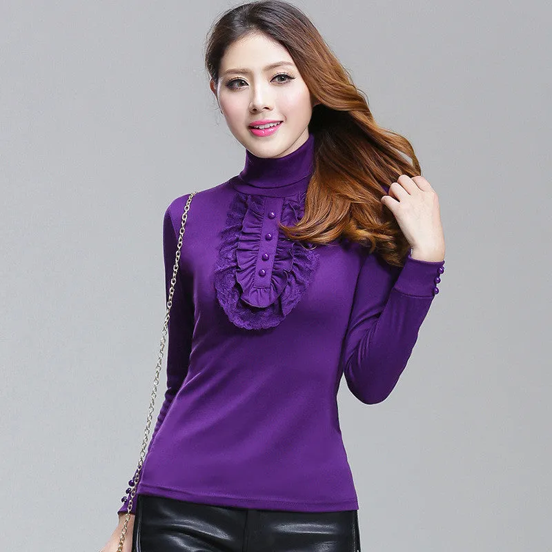 Women Blusas femininas Casual Woman Blouses Long Sleeve Tops Autumn Turtle-neck Lace Shirts With Ruffles 71926 SM6