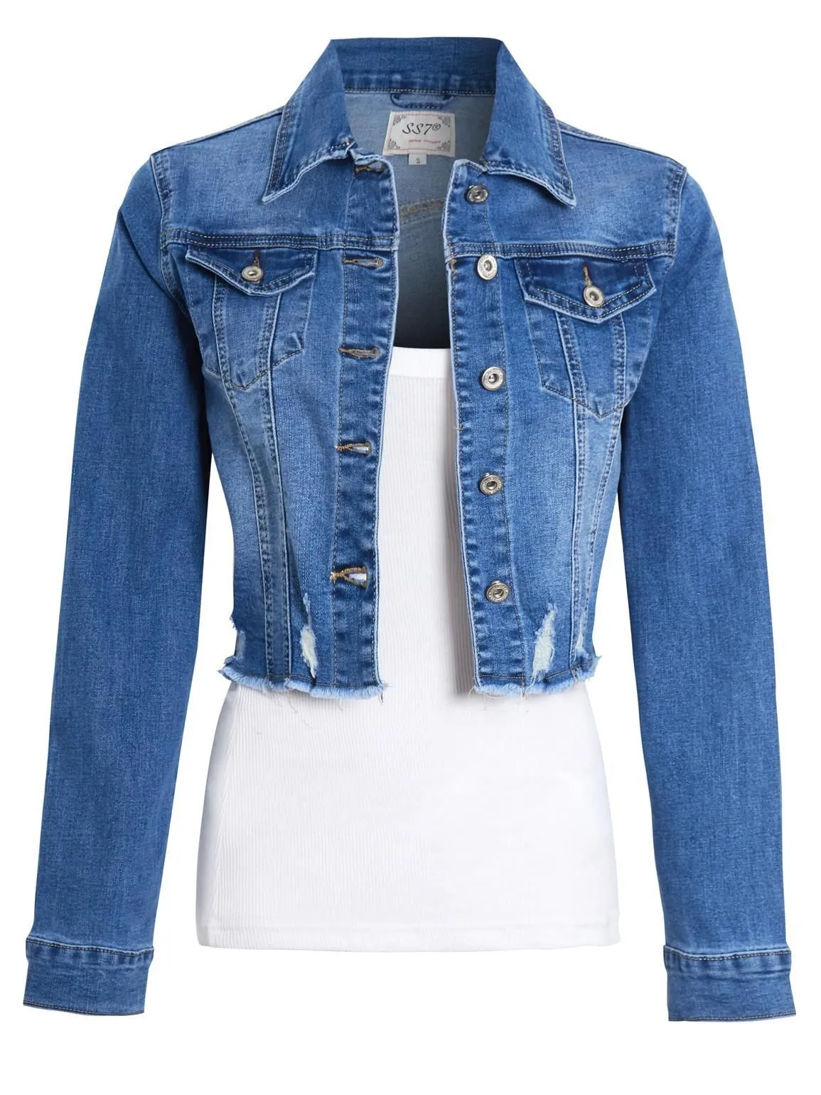 Womens Distressed Stretch Cropped Length Denim Jacket, UK Sizes 6 to 14