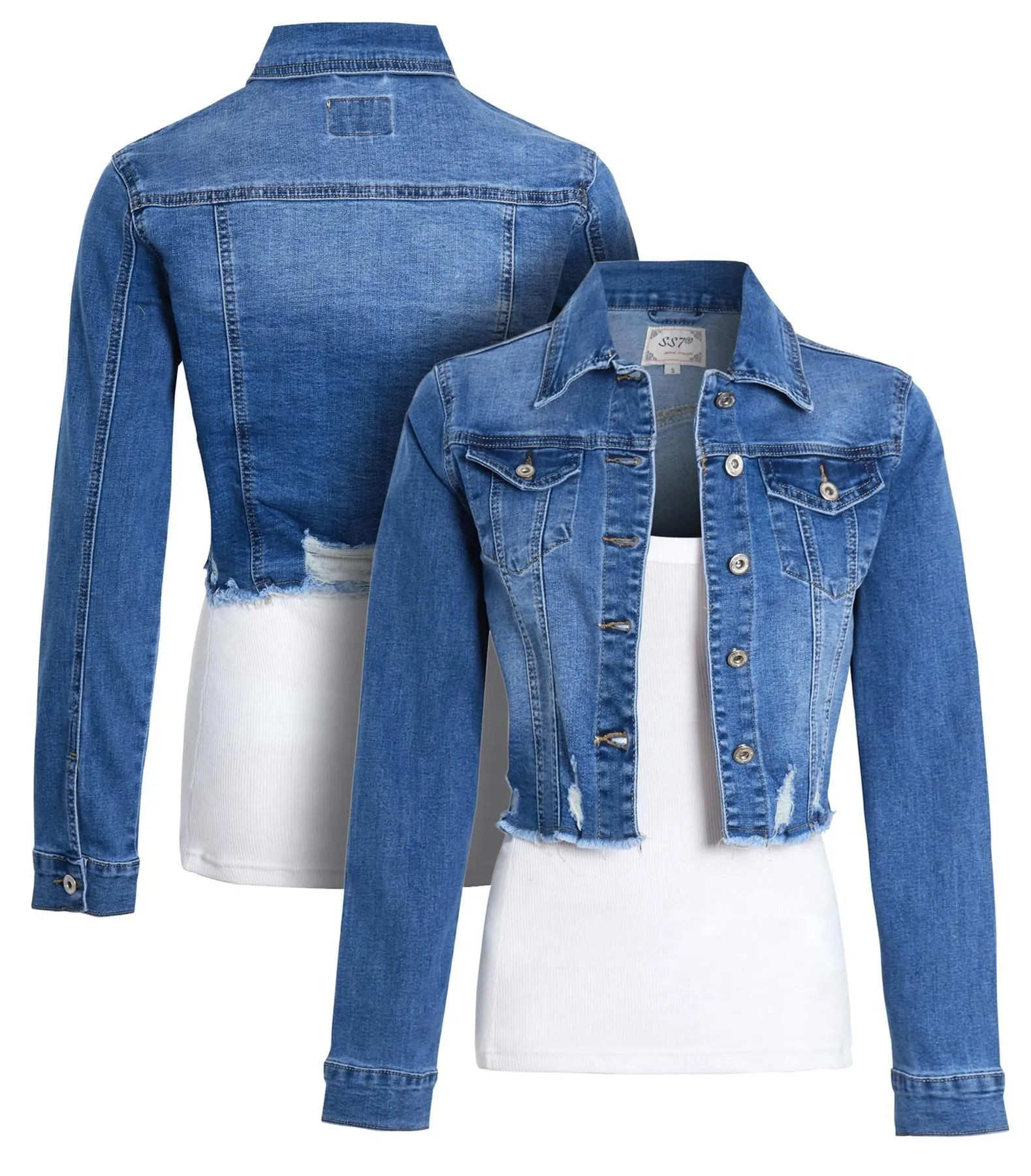 Womens Distressed Stretch Cropped Length Denim Jacket, UK Sizes 6 to 14