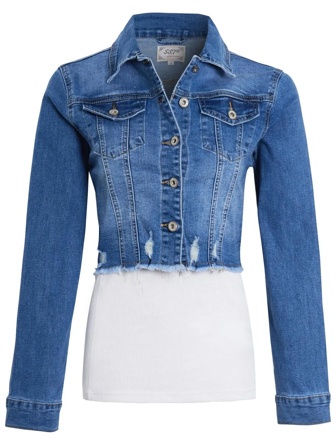 Womens Distressed Stretch Cropped Length Denim Jacket, UK Sizes 6 to 14