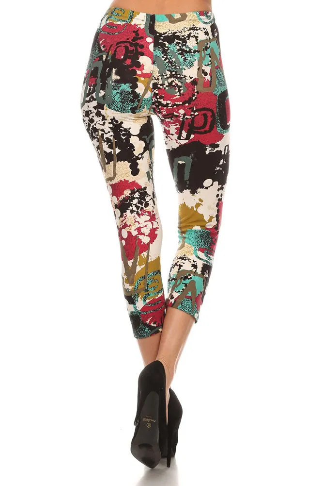 Women's Regular Artistic Brush Paint Pattern Print Capri Leggings - Black Sky White