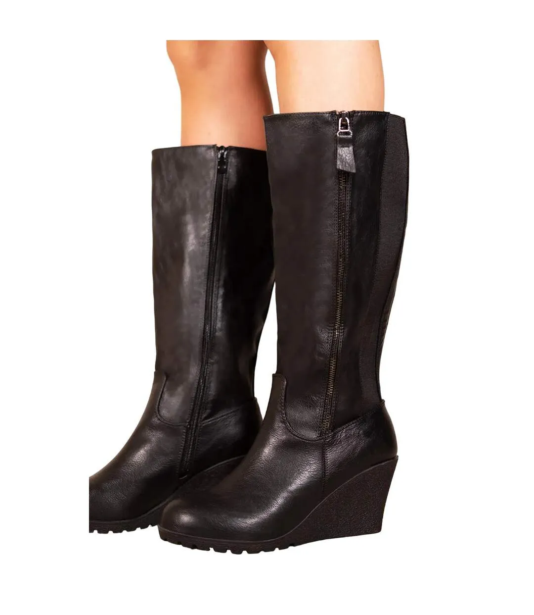 Womens/ladies lara faux leather side zip wedge mid calf boots black Where´s That From