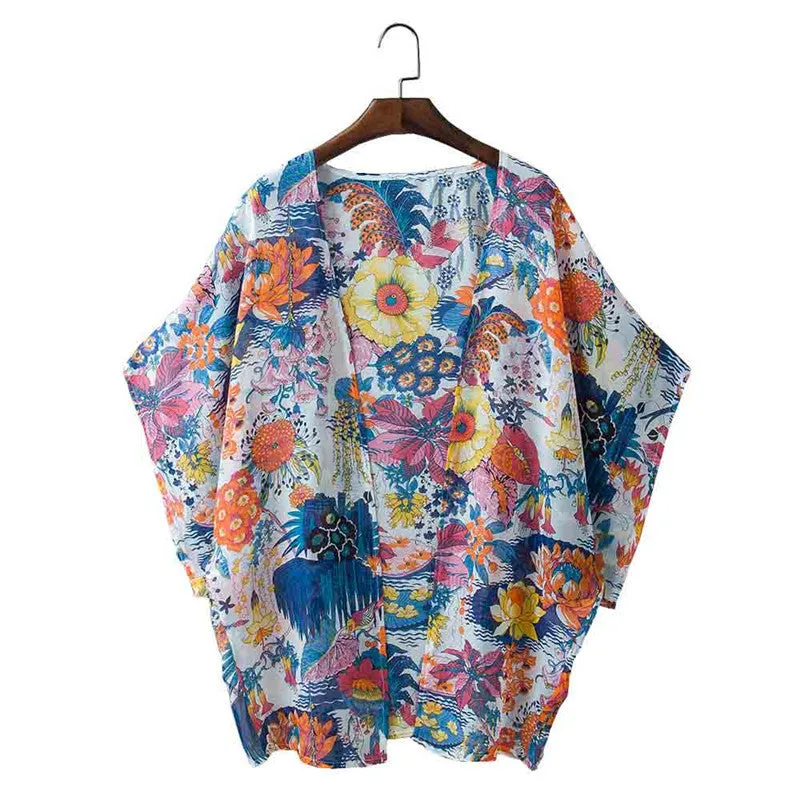 XXXL Size Bat Sleeved Women Casual Floral Printed Kimono Loose Cardigan Chiffon Tops Cover up casaco feminino Blouse