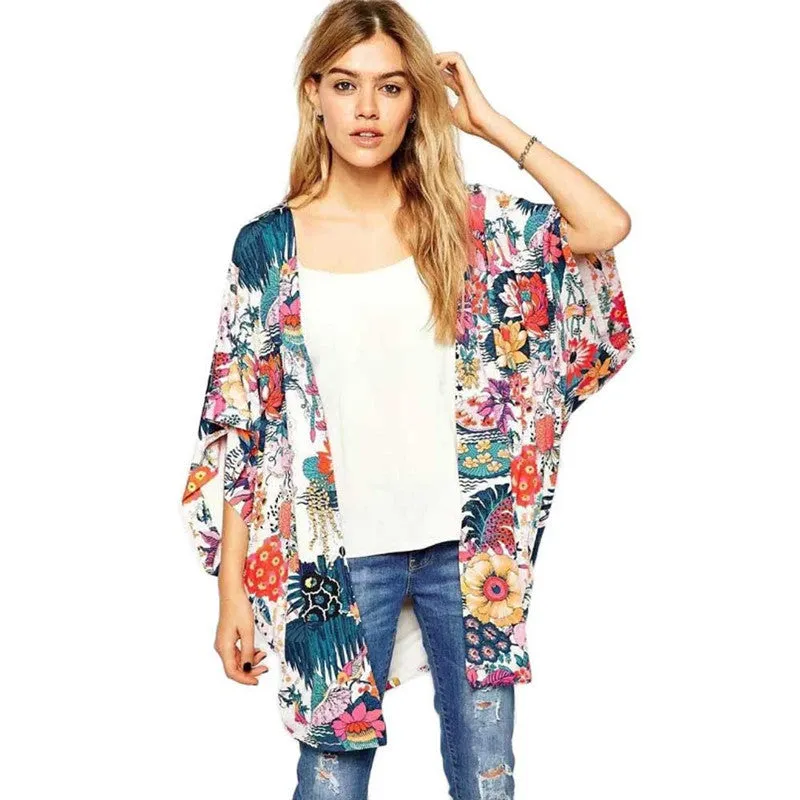 XXXL Size Bat Sleeved Women Casual Floral Printed Kimono Loose Cardigan Chiffon Tops Cover up casaco feminino Blouse