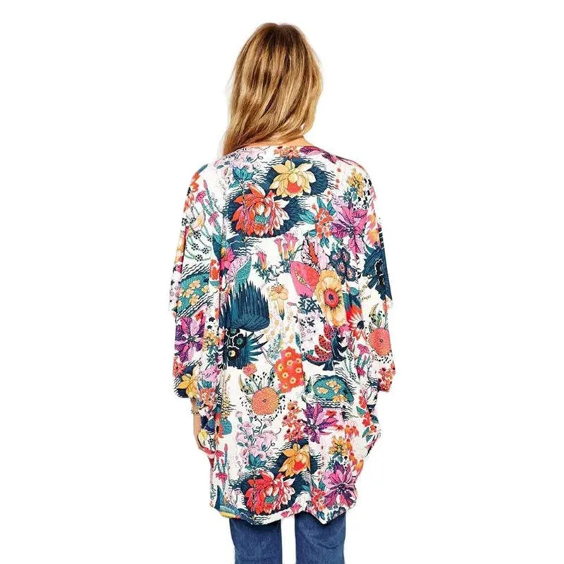 XXXL Size Bat Sleeved Women Casual Floral Printed Kimono Loose Cardigan Chiffon Tops Cover up casaco feminino Blouse