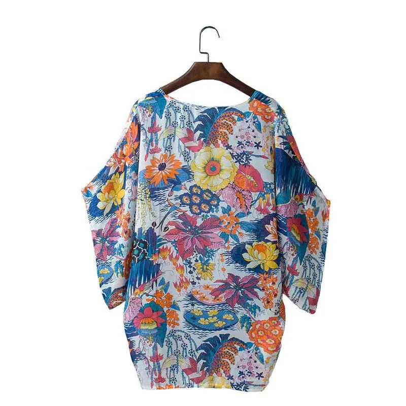 XXXL Size Bat Sleeved Women Casual Floral Printed Kimono Loose Cardigan Chiffon Tops Cover up casaco feminino Blouse